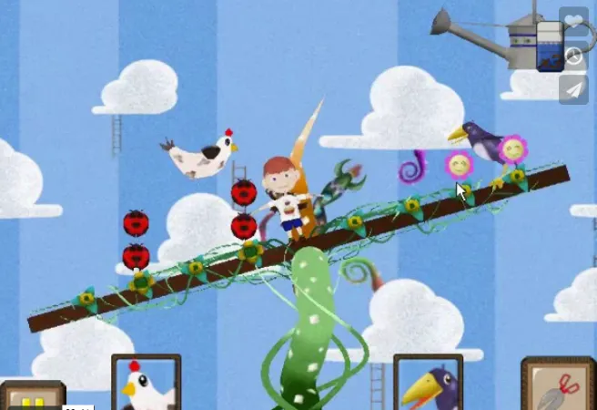 A screenshot of a game taking place on a wooden beam balanced on top of a beanstalk growing into the sky. The player uses a water pitcher to flow flowers at differrent spots along the mean to keep it balanced.