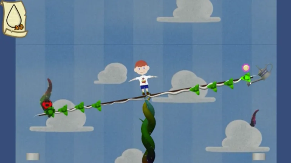 A screenshot of the Beanstalk game, showing a level where the player must build a beanstalk to reach a cloud.