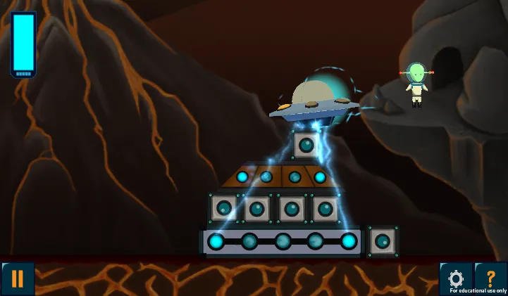 A screenshot of the Rumble Blocks game, showing a level where the player must build a platform for a flying saucer.
