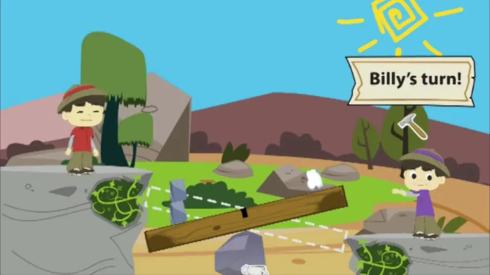 A screenshot of the Teeter-Totter-Go game, showing a level where the player must balance a long to cross a river.