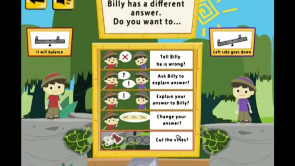 A screenshot of a game developed by the ENGAGE project. The player is asked to reflect on a short story about a child who accidentally breaks a toy.