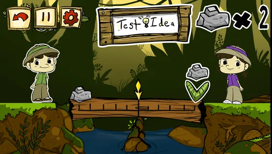 A screenshot of the Teeter-Totter Go hypothesis testing activity. Players set up balances to see if their predictions are correct.